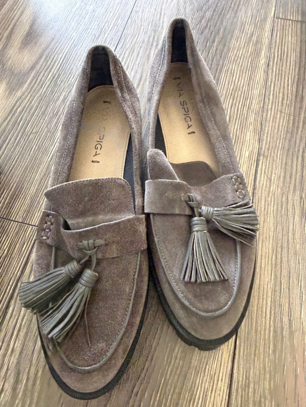Via Spiga  Taupe Suede Tassel Loafers